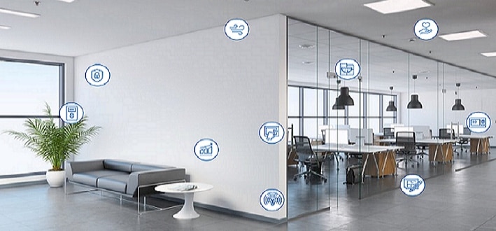 Interiors of an office with HVAC icons